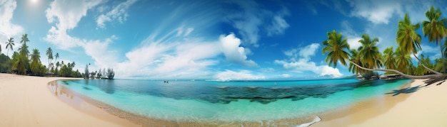 Bellissima spiaggia con palme e mare turchese Arte Vacanze estive oceano con isola sullo sfondo IA generativa