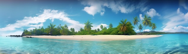 Bellissima spiaggia con palme e mare turchese Arte Vacanze estive oceano con isola sullo sfondo IA generativa