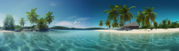 Bellissima spiaggia con palme e mare turchese Arte Vacanze estive oceano con isola sullo sfondo IA generativa