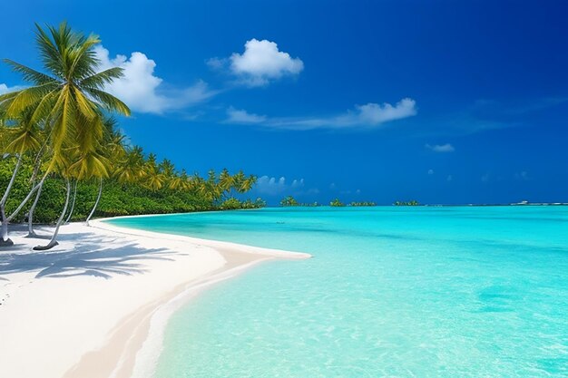 bellissima spiaggia con sabbia bianca oceano turchese cielo blu con nuvole e cocco sopra l'acqua