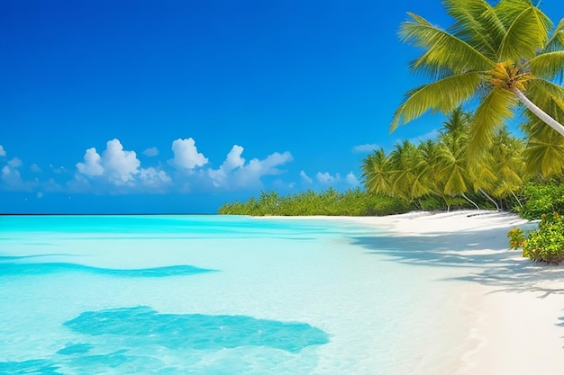 bellissima spiaggia con sabbia bianca oceano turchese cielo blu con nuvole e cocco sopra l'acqua