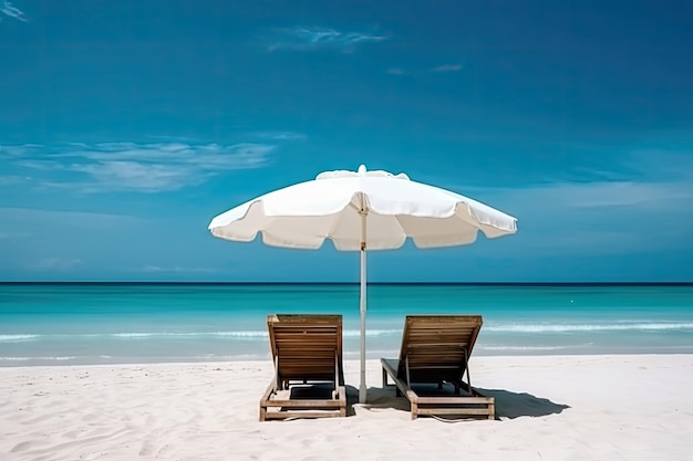 Bellissima spiaggia con sedie di sabbia bianca e ombrellone bellissimo paesaggio della spiaggia