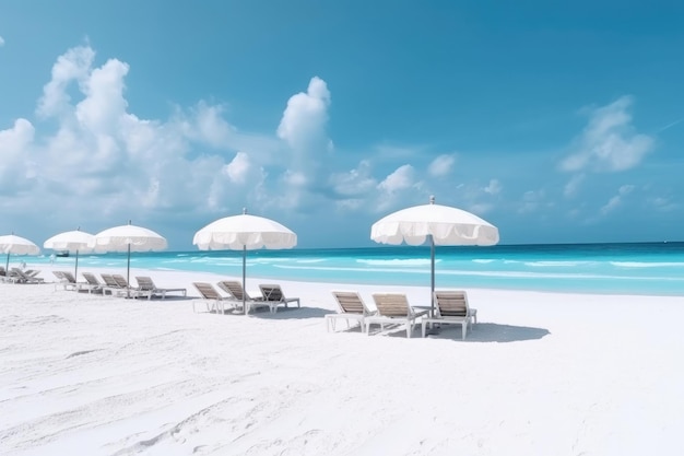 Bellissima spiaggia di sabbia bianca e acque turchesi con lettini e ombrelloni