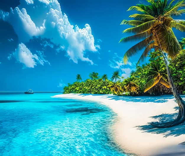 Bellissima spiaggia di sabbia bianca, oceano turchese, circondata da palme e cielo azzurro con nuvole in una giornata di sole, la laguna blu, un'isola paradisiaca, le palme viaggiano