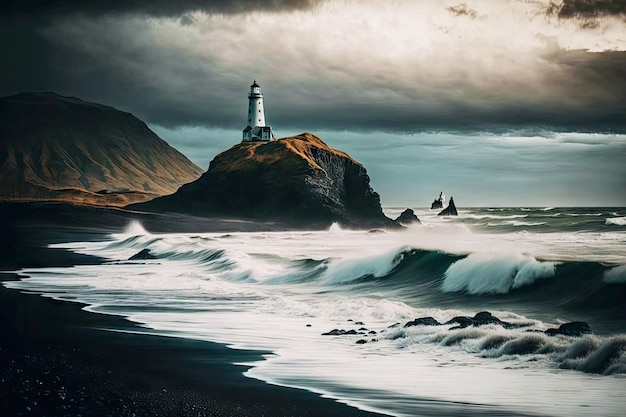 Bellissima spiaggia islandese con faro in una cupa giornata autunnale