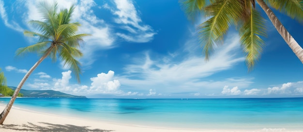 Bellissima spiaggia tropicale con oceano turchese di sabbia bianca su sfondo azzurro del cielo con nuvole