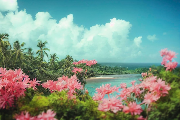 Bellissima spiaggia tropicale con palme di sabbia bianca oceano turchese contro il cielo blu con nuvole nella soleggiata giornata estiva Sfondo paesaggistico perfetto per vacanze rilassanti isola delle Maldive