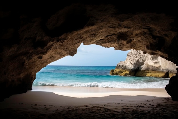 Bellissima spiaggia visibile dall'interno della grotta Vista dalla grotta di una spiaggia sabbiosa lungo l'oceano