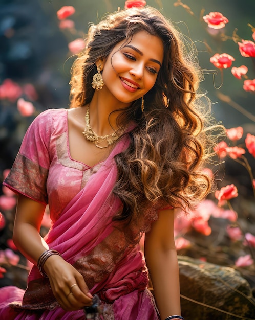 Bellissima splendida donna indiana in sari rosa