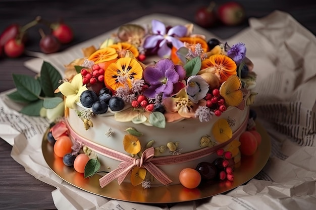 Bellissima torta alla frutta decorata con delicati fiori e nastri creati con l'IA generativa