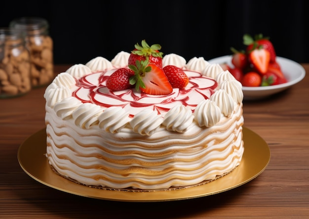 Bellissima torta di compleanno ricoperta di chantilly e fragole fresche