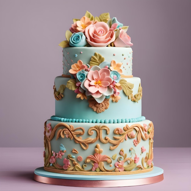 bellissima torta nuziale blu decorata con fiori e nastri rendering 3D.