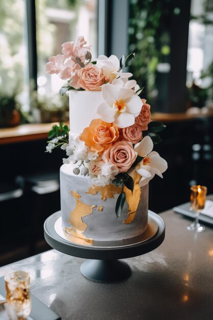 Bellissima torta nuziale firmata con decorazioni floreali IA generativa