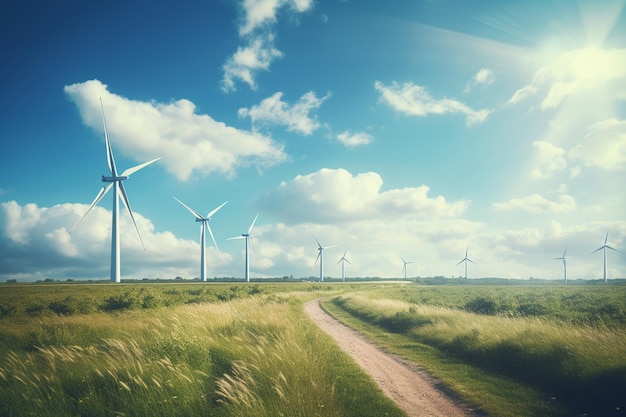 bellissima vista delle turbine eoliche su un campo coperto di erba scattata in Olanda