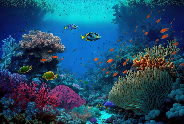 Bellissime barriere coralline e pesci sottostanti così come pesci sul fondo del mare