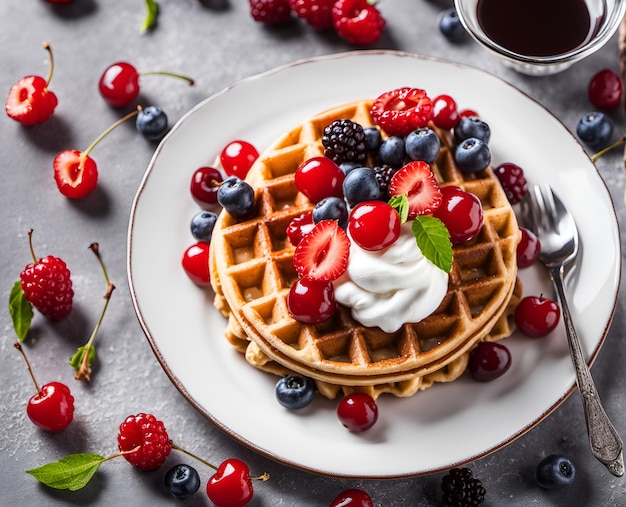 Bellissime cialde appetitose con ciliegie panna montata e altri frutti di bosco su una foto di cibo da dessert su piatto