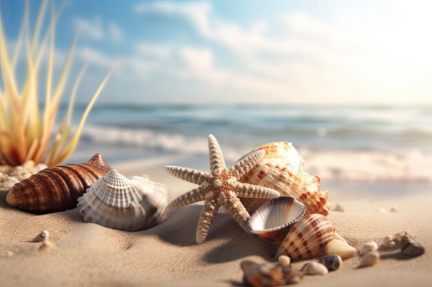 Bellissime conchiglie sulla spiaggia di sabbia IA generativa