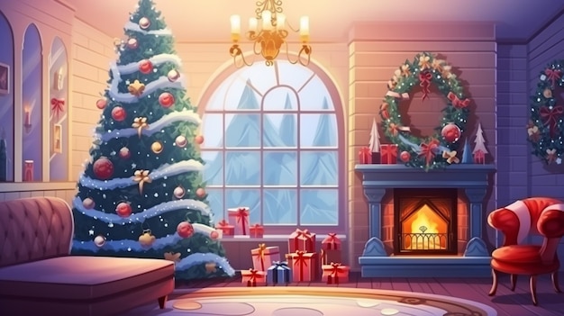 Bellissime confezioni regalo con cornice per ghirlanda di albero di Natale in un soggiorno accogliente e confortevole