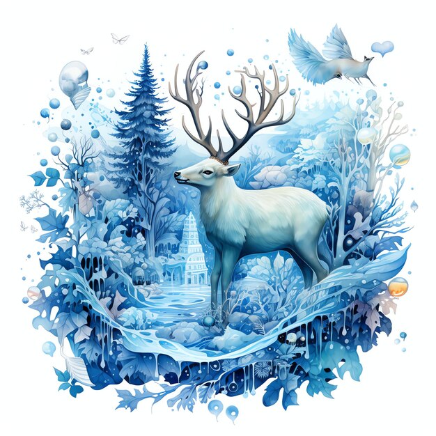 bellissime creature della foresta gelida clipart di mondo fantasy da favola invernale con ghiaccio blu