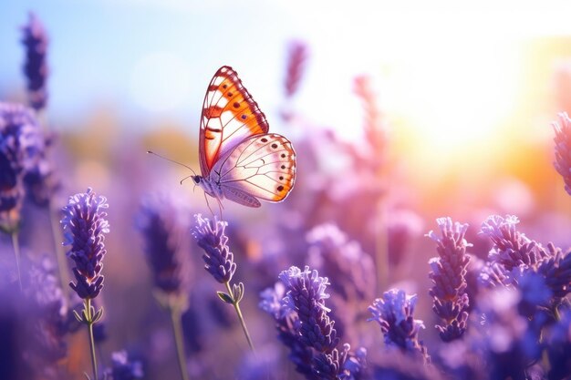 Bellissime farfalle e fiori selvatici primaverili sul campo alla luce del sole