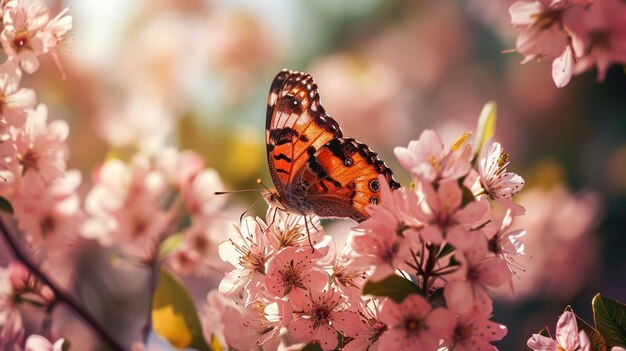Bellissime farfalle su delicati fiori rosa messa a fuoco selettiva IA generativa