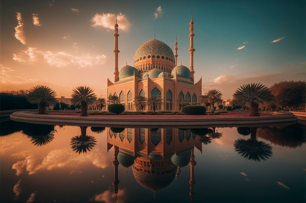 bellissime foto della moschea tramonto paesaggio soleggiato, ai creativa