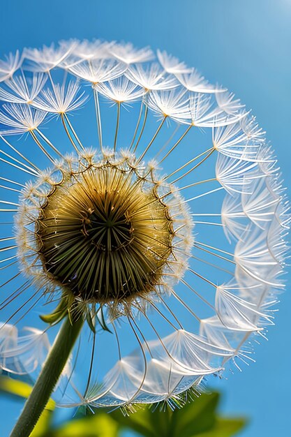 Bellissime gocce di rugiada su un macro di semi di tarassaco Bellissimo sfondo blu Grandi gocce di rugiada dorate