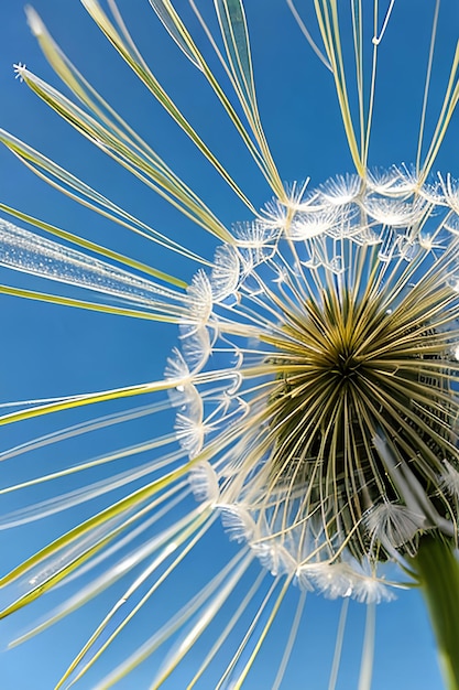 Bellissime gocce di rugiada su un macro di semi di tarassaco Bellissimo sfondo blu Grandi gocce di rugiada dorate