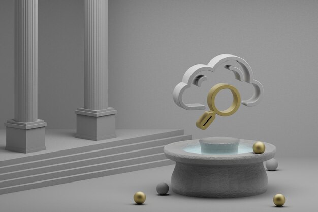 Bellissime illustrazioni astratte Cloud Search simbolo icona su una fontana e colonna sullo sfondo 3d re