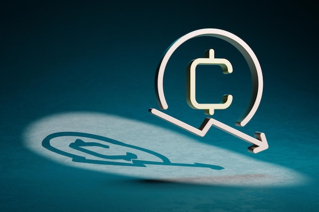 Bellissime illustrazioni astratte Cryptocurrency Coin Down simbolo icona su uno sfondo blu scuro 3d