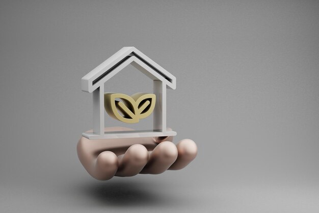 Bellissime illustrazioni astratte Golden Hand Holding house simbolo di energia pulita su un fondo grigio