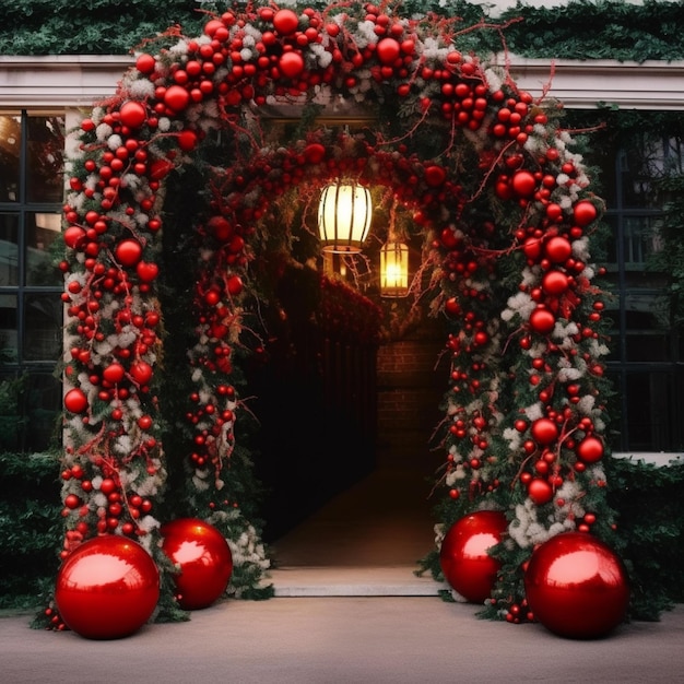 Bellissime immagini della porta del portico anteriore con ghirlanda rossa di Natale Arte generata da AI