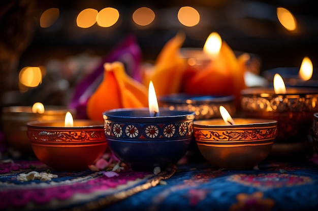 Bellissime lampade diya accese durante la celebrazione del Diwali in India