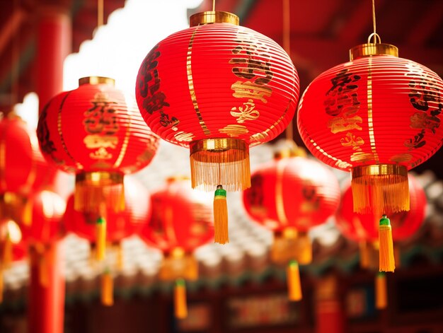 Bellissime lanterne rosse che pendono intorno al tempio