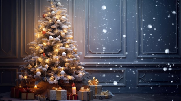 Bellissime luci dell'albero di Natale e scatole regalo vicino al muro di una casa