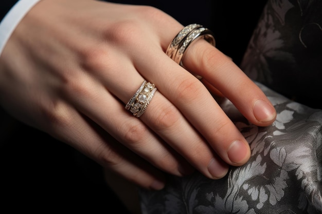 Bellissime mani femminili con anelli di nozze su sfondo nero close up Anelli di matrimonio e mani close up generati da AI