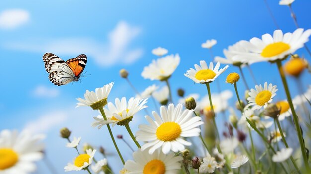 Bellissime margherite bianche e gialle con fiori di mais blu