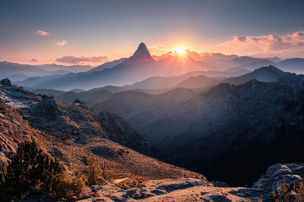 Bellissime montagne antiche al tramonto alla luce del sole serale e nella nebbia