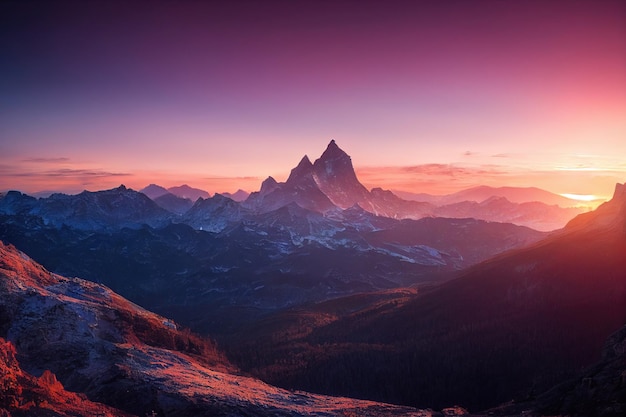 Bellissime montagne antiche al tramonto alla luce del sole serale e nella nebbia