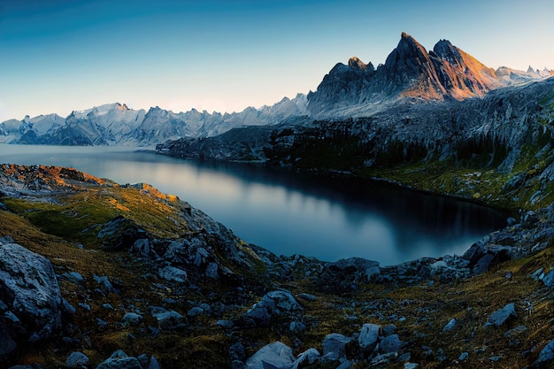 Bellissime montagne antiche al tramonto alla luce del sole serale e nella nebbia