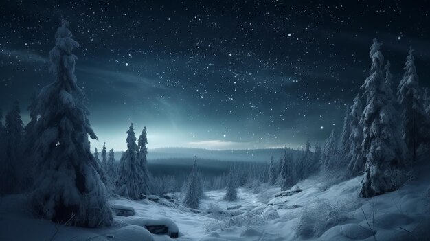 Bellissime montagne dell'albero del paesaggio invernale e l'intelligenza artificiale fotorealistica della luna generata