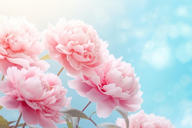 Bellissime peonie rosa a fiori grandi su uno sfondo turchese azzurro con filtro morbido sfocato