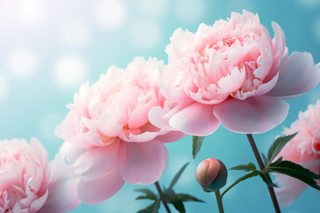 Bellissime peonie rosa a fiori grandi su uno sfondo turchese azzurro IA generativa