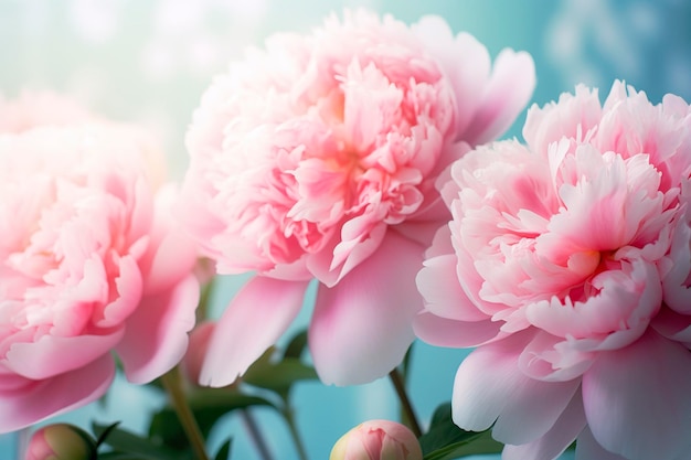 Bellissime peonie rosa a fiori grandi su uno sfondo turchese azzurro IA generativa