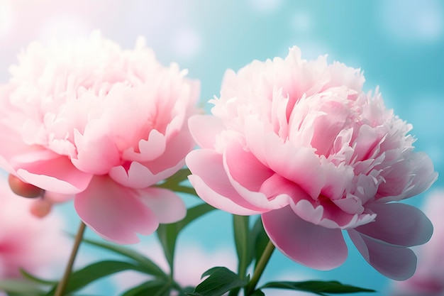 Bellissime peonie rosa a fiori grandi su uno sfondo turchese azzurro IA generativa