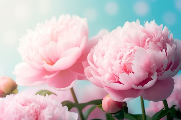 Bellissime peonie rosa a fiori grandi su uno sfondo turchese azzurro IA generativa