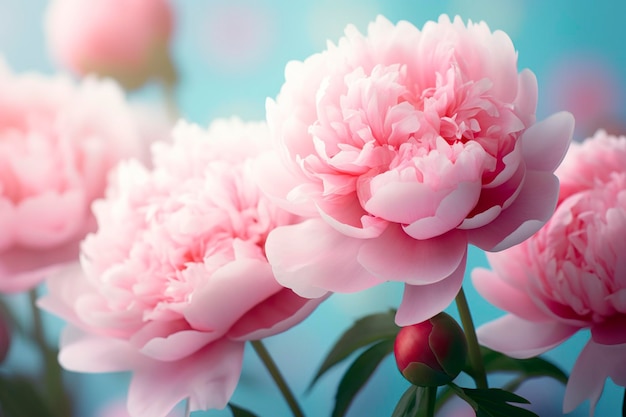 Bellissime peonie rosa con fiori grandi su sfondo turchese azzurro AI generativa