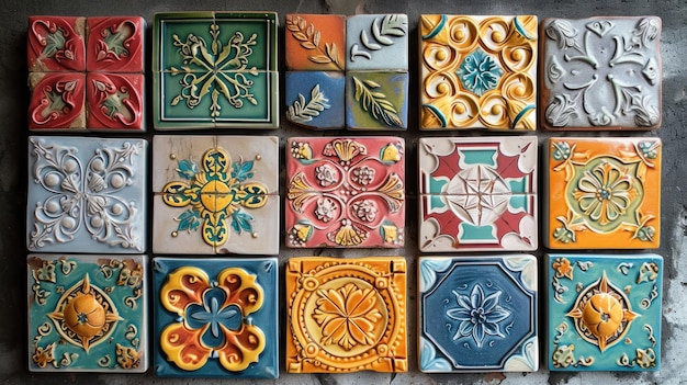 Bellissime piastrelle di ceramica colorate fatte a mano con vari ornamenti