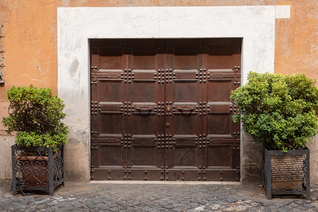 Bellissime porte antiche d'epoca in legno intagliato su strada in zona trastevere