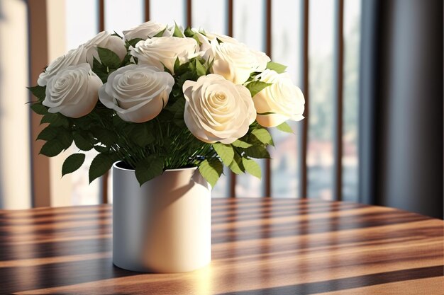 bellissime rose bianche come decorazioni da tavola in un vaso messo su un tavolo di legno con la luce del sole